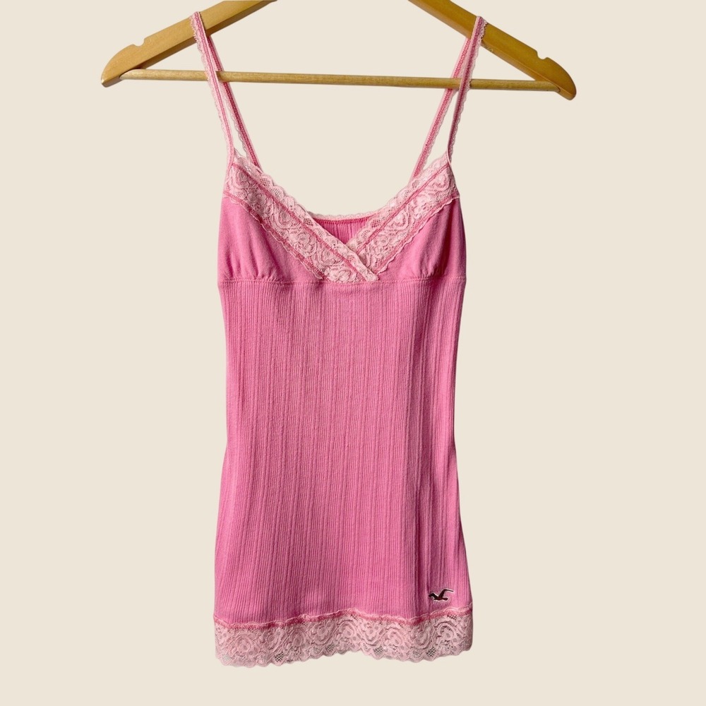 Vtg Y2K Hollister Logo Lace Cami Tank S Pink Ribbed Cotton Coquette Bella Swan